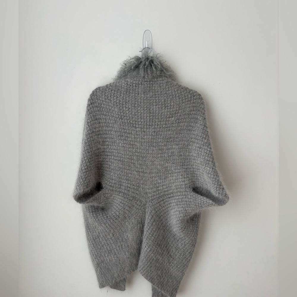 Wool Blend Cardigan Coat With Removable Mongolian Fur Collar Gray Size L - Picture 12 of 13